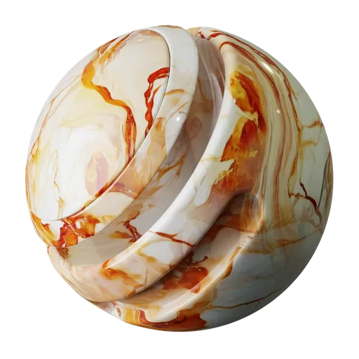 Vibrant orange polished marble PBR material with warm tones and orange veins for 3D rendering in Blender and other apps.