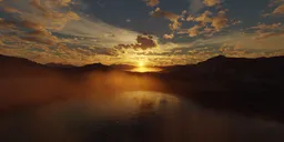 Sunset reflecting on a tranquil glacier lake with mountains for realistic scene lighting.
