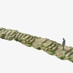 "Forest Stone Stair Modules 3D Model for Blender 3D - A Man Flying a Kite on a Cliff with Abandoned Railroads, Point Cloud and Twisted Waterway Features. Example Scene Included."