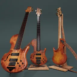 "Marleaux Contra 5 Special + Stand: a naturalistic 3D model of a semi-acoustic bass guitar inspired by Arthur Quartley. Created using Blender 3D and featuring realistic, crisp textures, this model is perfect for instrument enthusiasts."