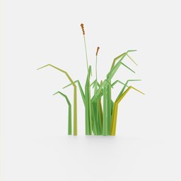 "Low poly nature grass 3D model for Blender inspired by Alex Katz and Leon Wyczółkowski. Ideal for mobile game assets, featuring bullrushes and rice paddies themes. Anti-aliasing and full-width rendering by Ernő Bánk, with a miniature product photo and VLC screenshot."