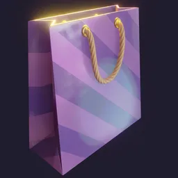 "Cartoon-style shopping bag 3D model with purple and blue colors, rope handles, and a gift inside. Rendered with volumetric lighting, diffuse shadows, and toon shading in Blender 3D software."
