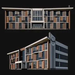 Modern multi-story Blender 3D model showcasing intricate balconies with glass details and wooden elements on a neutral palette.