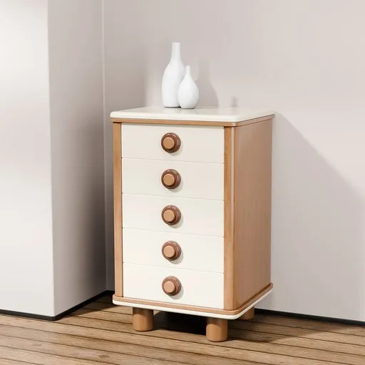 Realistic Blender 3D model of a five-drawer wooden chest with round handles and decorative vases.