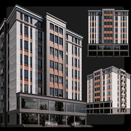 Modern urban 3D Blender model featuring elegant contrasting facades, geometric lines, spacious balconies, and large sunlit windows.