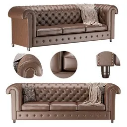 "High-quality 3D model of a leather sofa for Blender 3D featuring 4K PBR textures and realistic details. Ideal for architectural visualization and rendered with Cycle. Inspired by Toros Roslin and perfect for creating a luxurious living room scene."