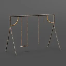 "Rustic playground swing set rendered on Unreal 3D software with wooden seat and metal neck rings. A perfect 3D model for Blender 3D enthusiasts creating playground scenes."