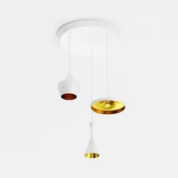 Highly detailed Blender 3D model of round white and gold ceiling lights, modern design, isolated on white.