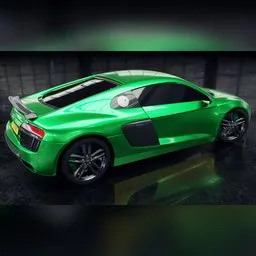 "Green Audi R8 V10 Plus 2016 3D model with detailed interior for Blender 3D. This stunning render showcases a matte painting of the sports car in a dark room, highlighting its opengl technology and full body design. Get the best quality mesh for your projects, available for download on BlenderKit."