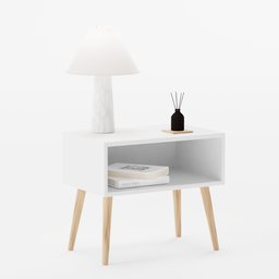 "White bedside table with lamp and book, inspired by Eero Snellman, made in Blender 3D. Ideal for bedroom decor."