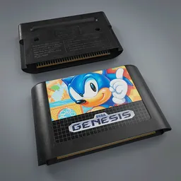 Black 3D model of a Genesis game cartridge with Sonic, optimized for Blender with a 2K texture.