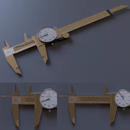 "Handcrafted 3D model of Mitutoyo Calipers - a versatile handtool with inch and mm ruler measurements, .001" dial accuracy and arrow empty functionality for opening and adjusting. Modeled in Blender 3D for precise technical sketch, with shoulder-long straight posture and tilted 35° frame presenting expansive grand scale for workshop use."