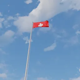 High-quality 3D Swiss flag model on a flagpole, custom textured, suitable for Blender rendering and historic simulations.