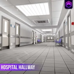 Highly detailed 3D model of a hospital corridor with lighting and textures for Blender graphics.