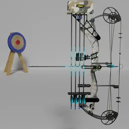 High-quality 3D model of a compound bow featuring dampers, an updated realistic string, arrows, and a detailed visor rendered in Blender.