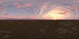 Warm golden sunset HDR skydome with expansive cirrostratus clouds and a low horizon, ideal for atmospheric scene lighting.