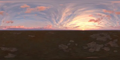 Warm golden sunset HDR skydome with expansive cirrostratus clouds and a low horizon, ideal for atmospheric scene lighting.