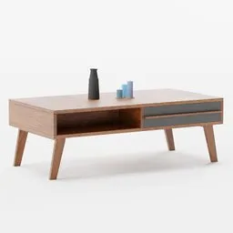 Modern 3D-rendered Scandinavian-style coffee table with drawer, angled legs, and decorative objects, compatible with Blender.