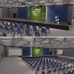 3D rendered convention hall interior with rows of chairs and presentation stage, suitable for Blender modeling and design.