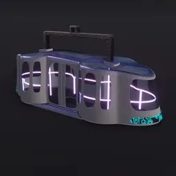 3D-rendered decorative cabin-shaped light suitable for table display, with neon accents and Blender 3D modeling.