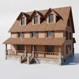 Detailed 3D model of a classic wooden house with porch, perfect for Blender architectural visualizations.