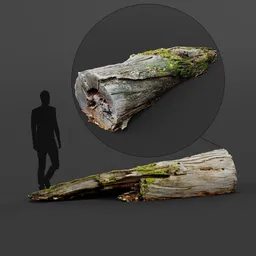 "Photoscanned mossy tree trunk in 3D for Blender modeling. Realistic detailing with photorealistic erosion effect. Perfect for creating natural environments in CGI projects."