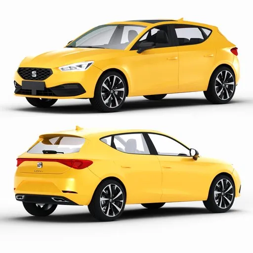Yellow Seat Leon 3D model with detailed interior, procedural shaders, and rigging for animation in Blender.