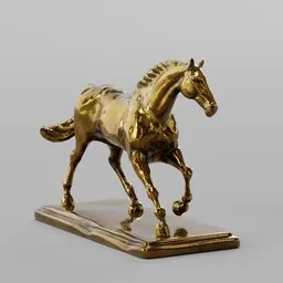 "Experience the exceptional Gold Horse Running sculpture in stunning 3D detail, expertly crafted using Autodesk rendering in Blender 3D software. This ornate statue exudes tonalist charm and realism, standing on a sleek marble base. Delight in the fully-optimized and textured model, ideal for any object art enthusiast."