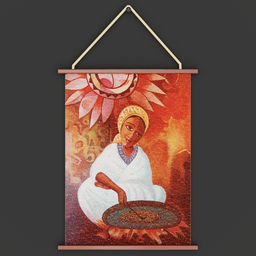"3D model of an Ethiopian girl preparing coffee for interior wall hanging art. Inspired by Afewerk Tekle's wood and grain effects, this Blender 3D model features a woman with brown almond-shaped eyes and an ankh pendant in a kitchen setting."