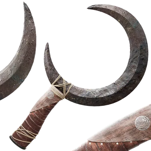 Detailed 3D model of a rustic sickle with aged metal blade and wrapped leather grip suitable for historical Blender scenes.