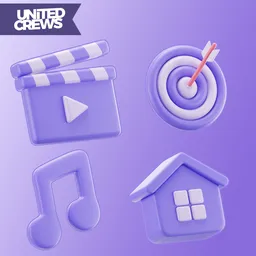 High-quality Blender 3D stylized models including clapperboard, target, music notes, and house, perfect for graphic design and animations.