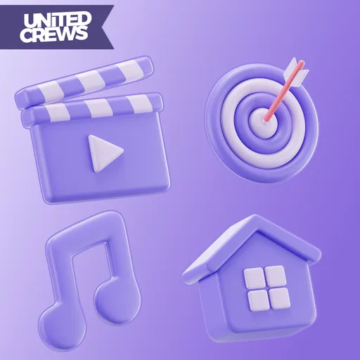 High-quality Blender 3D stylized models including clapperboard, target, music notes, and house, perfect for graphic design and animations.