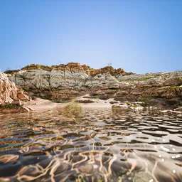 Detailed 3D model of a rocky lakeshore with reflective water, ideal for Blender environment design.