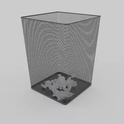 "Wire mesh office trash bin 3D model for Blender 3D - available in multiple sizes and with toonix character."