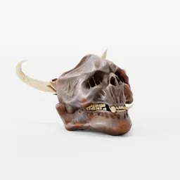 "Bronze skull sculpture with horns and a long horn on a white surface, created in Blender 3D. This photorealistic 3D model, reminiscent of Juergen Teller's style, features a gorilla and is trending on Artforum. Designed by Ed Roth, it showcases a unique blend of rap bling and artistry."