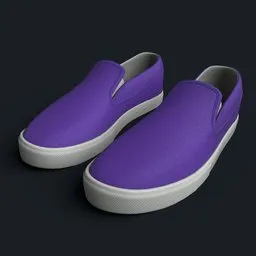 Realistic 3D modeled violet slip-on sneakers, detailed Blender footwear design.