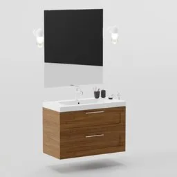 "3D model of IKEA GODMORGON bathroom furniture set for Blender 3D: wooden vanity with mirror and sink, walnut wood design by Fred A. Precht, featuring z brush, cad, and diode lighting, perfect for transportation and metaverse renderings."