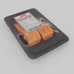 "Photorealistic 3D model of packaged Atlantic salmon fillets with medical labels and pouches, rendered in Octane with defined edges and wireframe. Perfect for Blender 3D users searching for hyper-realistic food models."
