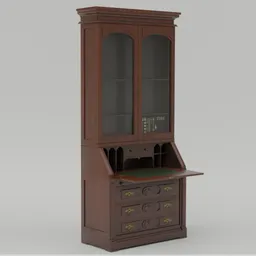 "Antique Secretary Desk - A stunning wooden cabinet with a glass door and a drawer, inspired by Cassius Marcellus Coolidge and the ancient Chinese tower. This 3D model is perfect for furniture design, autodesk projects, and artist reference images in the Taras Shevchenko style. Enhance your Blender 3D experience with this beautifully detailed and historically inspired piece."