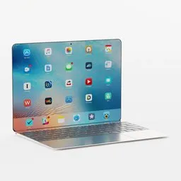 "Realistic MacBook Pro 3D model for Blender 3D - perfect for replicating true-to-life environments. Inspired by Mac Conner, this conceptual rendering features a glass OLED visor head and superbly flat design. A must-have addition to any 3D modeling toolkit, complete with square sticker and lifelike pebbles on a white surface."