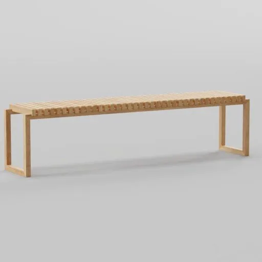 3D rendered wooden bench model with detailed textures, perfect for Blender 3D modeling and architectural visualization.