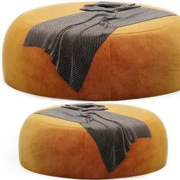 "Blender 3D model of Boca pouf, a round ottoman with blanket, in brown sweater render. Cycles rendered with high-quality, lossless image. Unwrap available with simplified forms, measuring 100 X 100 X 35H bed and 12,814 polys."