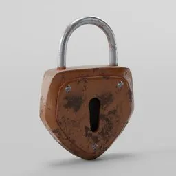 Realistic 3D render of an aged, corrosion-textured padlock for Blender modeling and industrial design visualizations.
