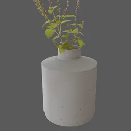 Textured clay vase 3D model with procedural surface and customizable color, featuring shrubs, ideal for Blender rendering.