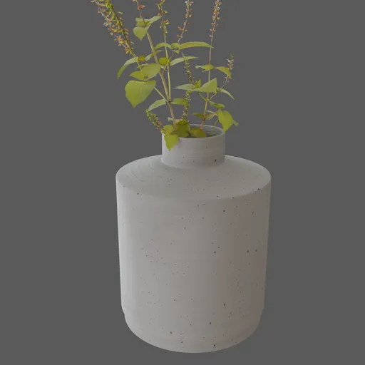 Textured clay vase 3D model with procedural surface and customizable color, featuring shrubs, ideal for Blender rendering.