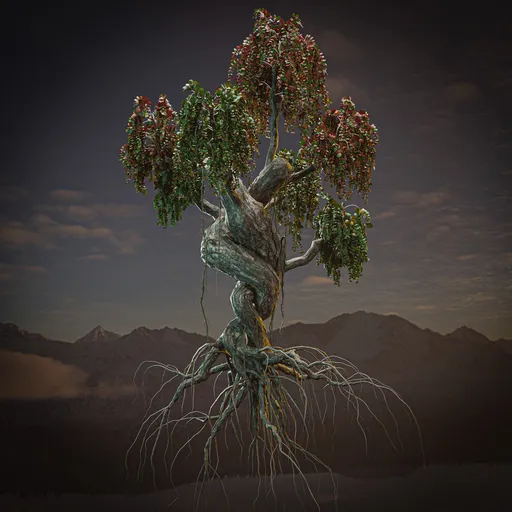 Autumn bonsai tree with roots