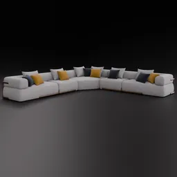 3D render of a modular fabric sofa in a U-shape design, compatible with Blender 4.0, showcasing detailed textures and realistic shadows.