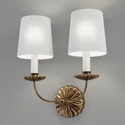 "Regina Andrew Antique Gold Leaf Candelabra Sconce - Double, a beautiful 3D model for Blender 3D with white lamp shades, gold leaf flowers, and intricate details in bronze. Rendered in Keyshot and Carravaggio, this 3D model is perfect for a wall-light category."