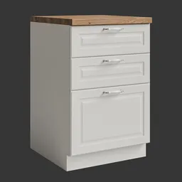 Realistic 3D model of a white storage cabinet with wood countertop for Blender.