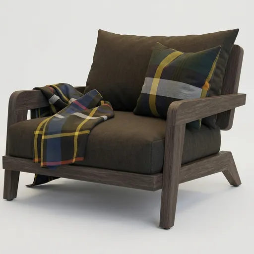 Detailed 3D chair model with plaid blanket, compatible with Blender, 3DS, STL, OBJ, available in various angles.